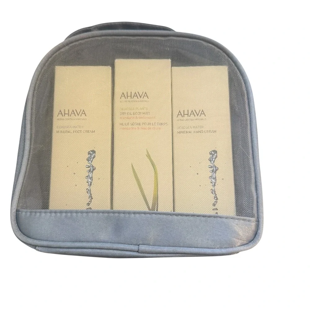 AHAVA Dead Sea Minerals 3pc Set Dry Oil Body Mist Hand & Foot Cream with Bag